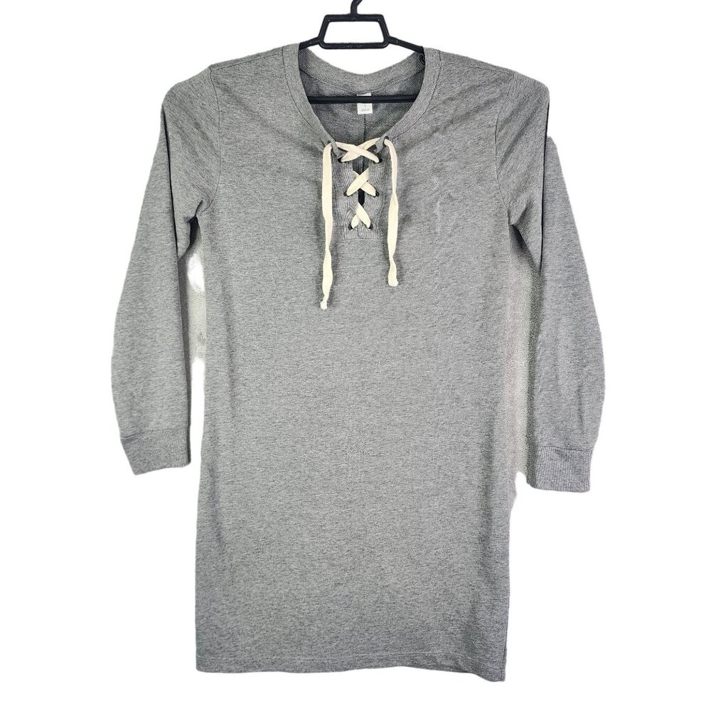 Women's Heather Gray Old Navy Shirt Dress Lace-Up V Neck Long Sleeve Size S